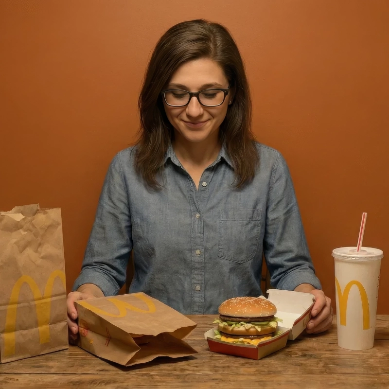 Sarah at a McDonald's table reviewing vegetarian options